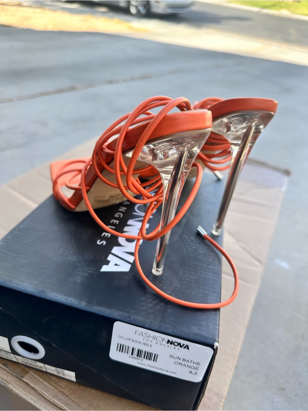 Fashion Nova Orange Lace-Up Strappy Square-Toe Heels - Picture 2 of 2